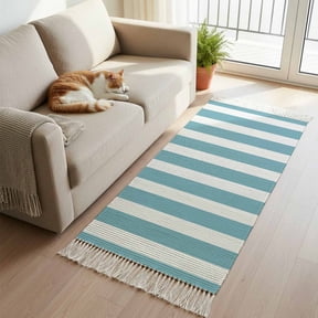 Aqua Striped Hallway Runner Rug 2'x5', Modern Farmhouse Blue White Stripes Washable Kitchen Runner Rug with Tassels, Laundry Room Rugs Woven Cotton Carpet for Bedroom Entryway Front Door