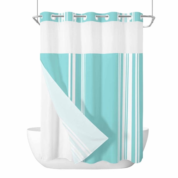 Aqua Striped No Hook Shower Curtain Waterproof,Bathroom Curtains with Snap in Liners and See Through Top Window,Luxurious White Stripes Modern Abstract Art Hotel Bathtub Curtains Shower 60"Wx72"L