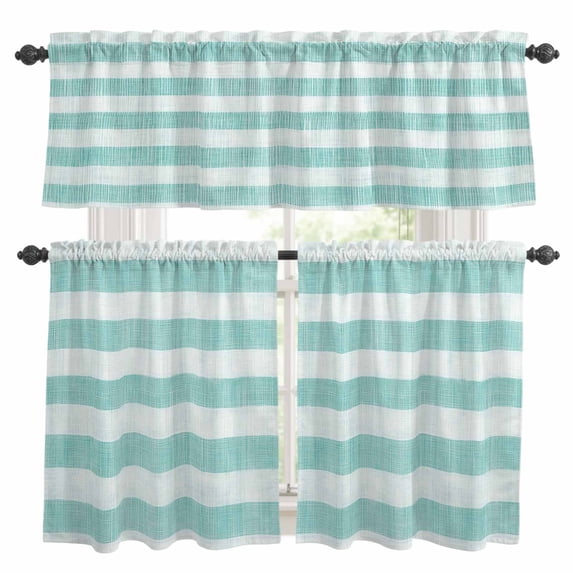 Aqua Striped Kitchen Curtains Sets for Windows 24 Inch Length, Rustic Farmhouse Stripes Rod Pocket Window Treatments Tier Curtains and Valances Set for Bedroom/Bathroom