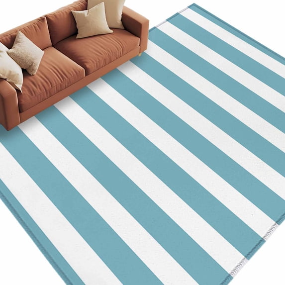 Aqua Striped Large Area Rugs for Bedroom Living Room, Soft Non Slip Carpet Bedside Rug, Modern Farmhouse Blue White Stripes Rectangular Floor Cover Kitchen Accent Rug 6'x9' for Dining Room/Office