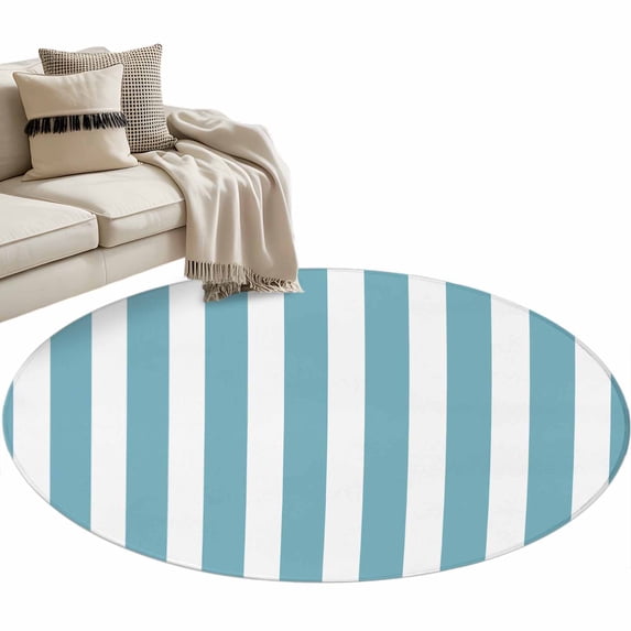 Aqua Striped Large Area Rugs for Bedroom Living Room, Soft Non Slip Carpet Bedside Rug, Modern Farmhouse Blue White Stripes Round Floor Cover Kitchen Accent Rug 4' for Dining Room/Office