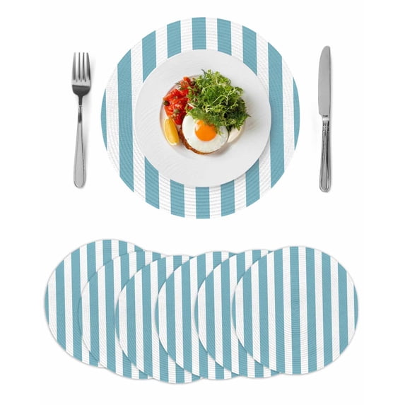 Aqua Striped Round 13 Inch Placemats Set of 6, Modern Farmhouse Blue White Stripes HeatResistant Non Slip Place Mats for Dining Table, Wipeable Braided Kitchen Table Mats for Housewarming