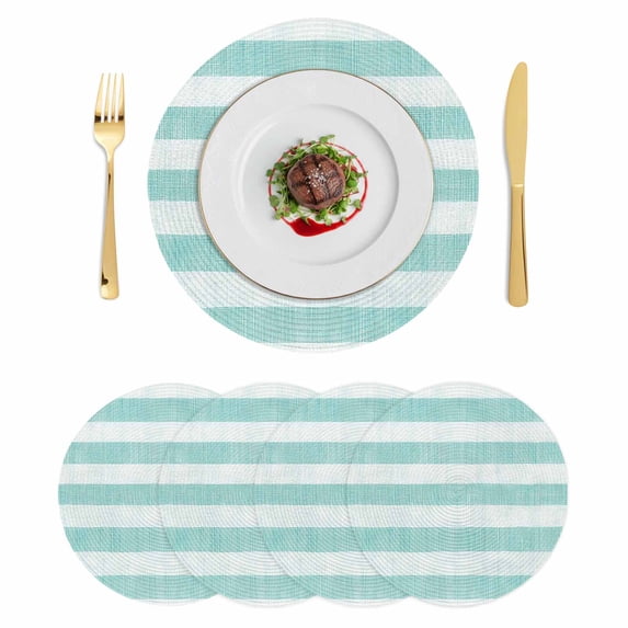 Aqua Striped Round 15 Inch Placemats Set of 4, Rustic Farmhouse Stripes HeatResistant Non Slip Place Mats for Dining Table, Wipeable Braided Kitchen Table Mats for Housewarming