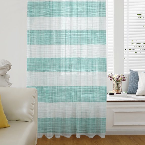 Aqua Striped Sheer Curtains 72 Inch Length, Light Filtering Voile Curtain Panel, Rustic Farmhouse Stripes Rod Pocket Drapes Window Treatments for Living Room Bedroom 52"x72"