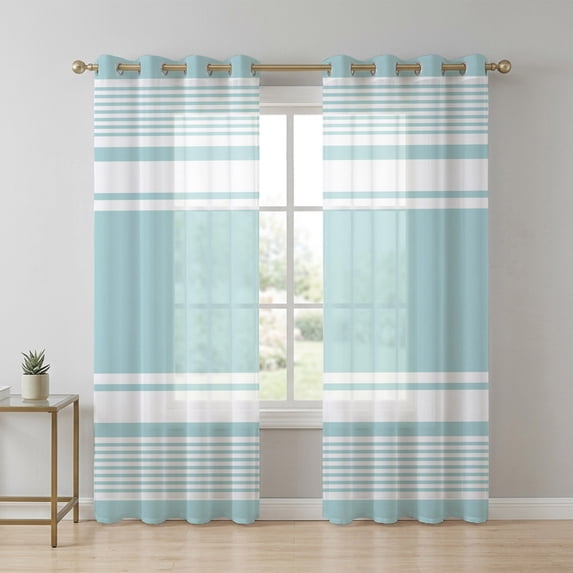 Aqua Striped Sheer Curtains 84 Inch Long 2 Panels, Modern Farmhouse ...