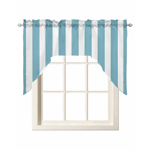 Aqua Striped Swag Curtains for Kitchen Modern Farmhouse Blue White Stripes Valances for Windows Rod Pocket Small Window Treatment Short Topper for Cafe Bedroom Bathroom Living Room Decor 56x36 Inch