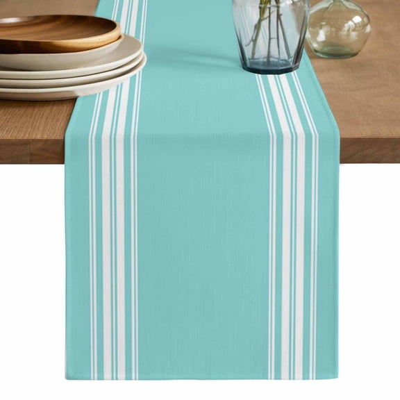 Aqua Striped Table Runner, Luxurious White Stripes Modern Abstract Art Washable Cotton Linen Table Runners 36 Inches Long, Dresser Scarf Runner for Nightstand/End Tables/Round Tables 13''x36''