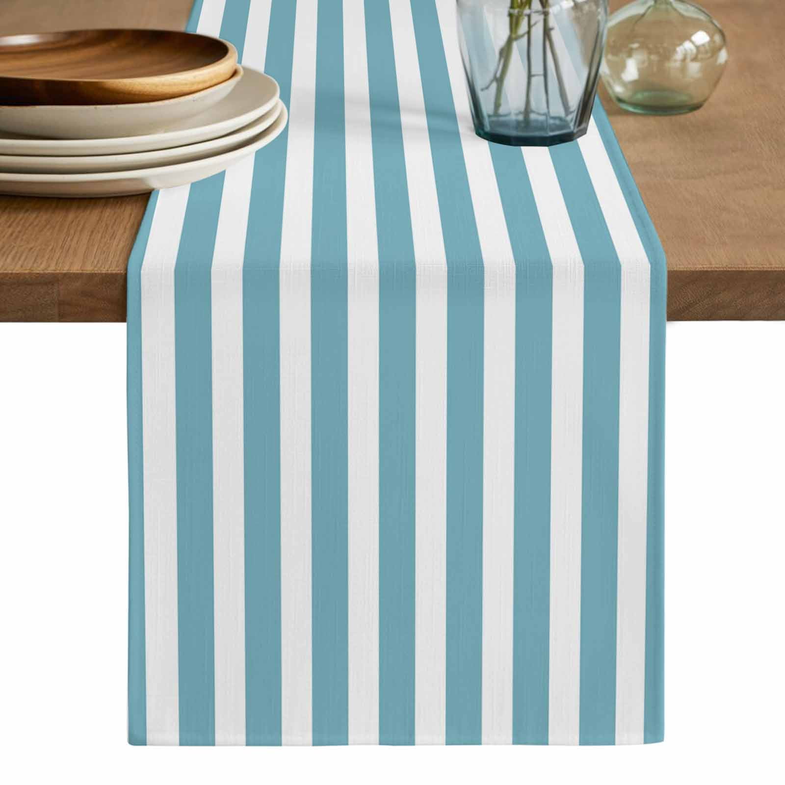 Aqua Striped Table Runner, Modern Farmhouse Blue White Stripes Washable Cotton Linen Table Runners 60 Inches Long, Dresser Scarf Runner for Coffee/TV Stands/Kitchen/Cabinets 13''x60''