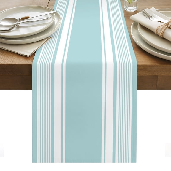 Aqua Striped Table Runner, Modern Farmhouse Stripe Minimalist Abstract Cotton Linen Kitchen Dining Table Runner Cloth Dresser Scarf Decoration for Party Home Decor 13x70in