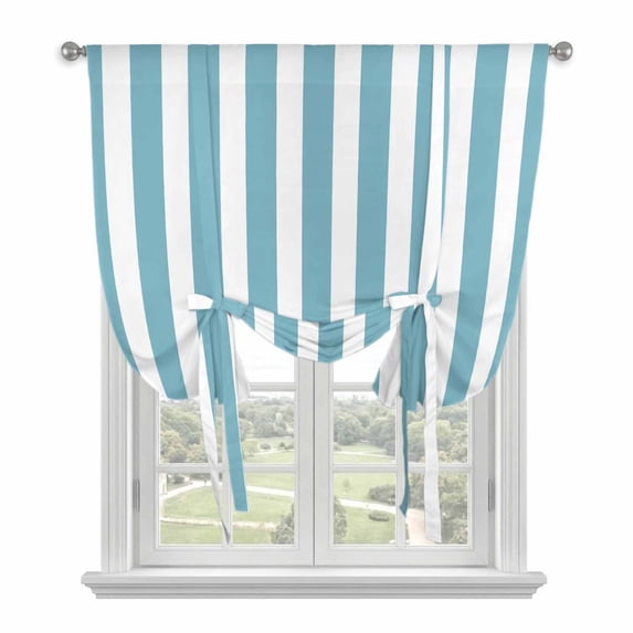 Aqua Striped Tie Up Curtains for Kitchen Windows,Adjustable Rod Pocket Valance 45 Inch Short, Modern Farmhouse Blue White Stripes Window Treatment Balloon Roman Blind Shade, 52" x 45"