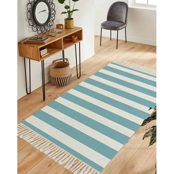 Aqua Striped Washable Area Rug 3'x5', Modern Farmhouse Blue White Stripes Woven Cotton Tassels Kitchen Rugs, Non Slip Indoor Door Mat Throw Carpet for Entryway Living Room Nursery Laundry Room