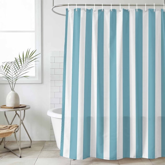 Aqua Striped Waterproof Shower Curtain, Extra Large 72"x96" Washable Polyester Fabric Shower Curtains for Bathroom, Modern Farmhouse Blue White Stripes Decorative Bathtub Curtain Sets with Hooks