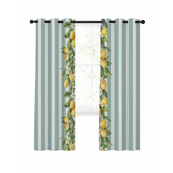 Aqua Stripes Lemon Blackout Curtains, Light Blocking Print Window Curtains, Spring Botanical Plant Vertical Line Thermal Insulated Window Drapes for Living Room Kitchen Cafe 2 Panels, 55"W x 39"L