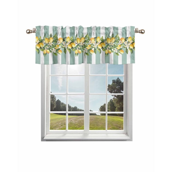 Aqua Stripes Lemon Curtain Valance for Windows/Living Room/Kitchen/Bathroom/Café, Short Rod Pocket Tier Curtain Window Treatment Panel Spring Botanical Plant Vertical Line Topper Curtain 42''x18''