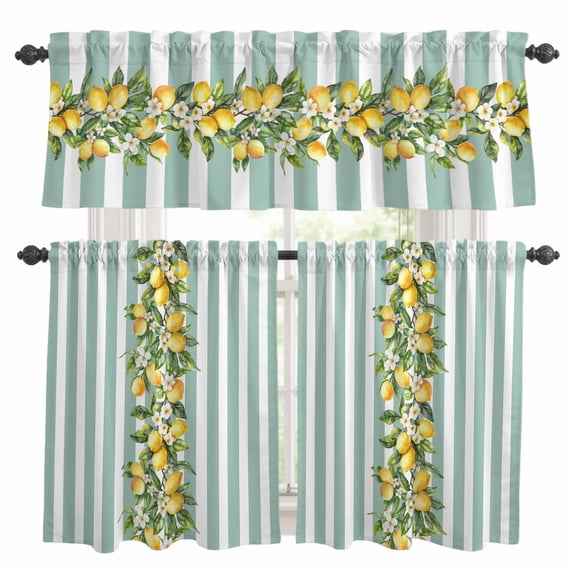 Aqua Stripes Lemon Kitchen Curtains Sets for Windows 36 Inch Length, Spring Botanical Plant Vertical Line Rod Pocket Window Treatments Tier Curtains and Valances Set for Bedroom/Bathroom