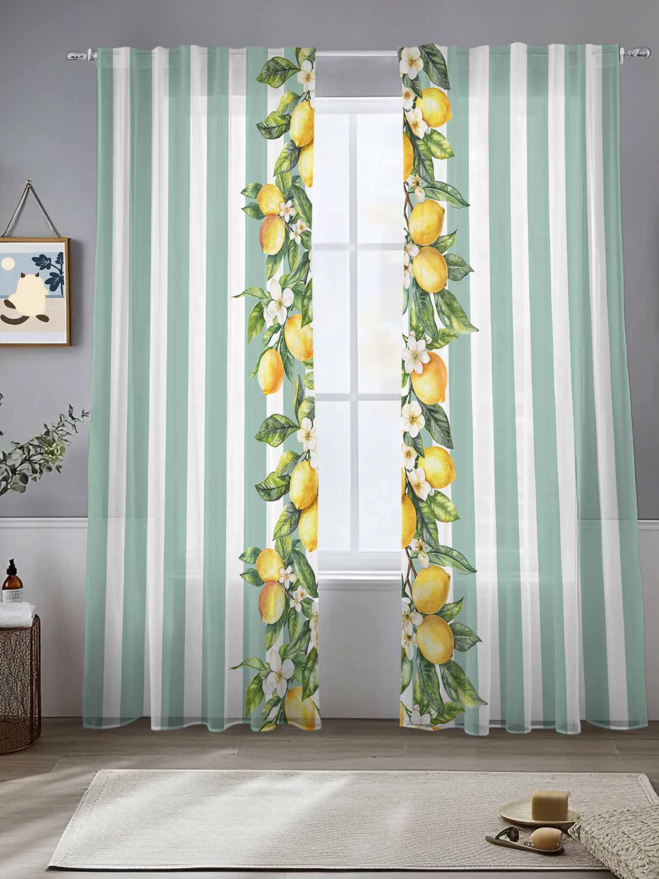 Aqua Stripes Lemon Sheer Curtains for Living Room Bedroom Spring ...