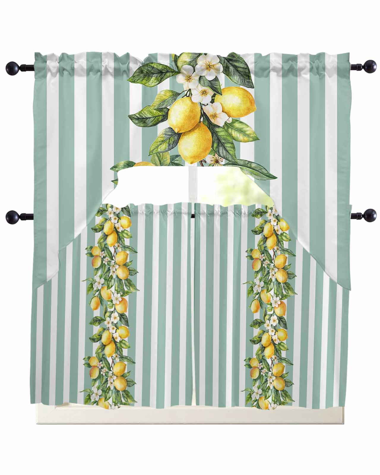 Aqua Stripes Lemon Swag Kitchen Curtains Sets for Windows 24 Inch ...