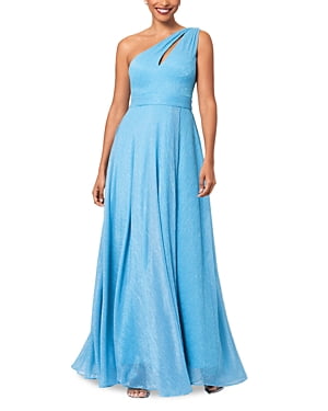 Aqua TURQUOISE Women's One Shoulder Crinkled Metallic Gown, US 8