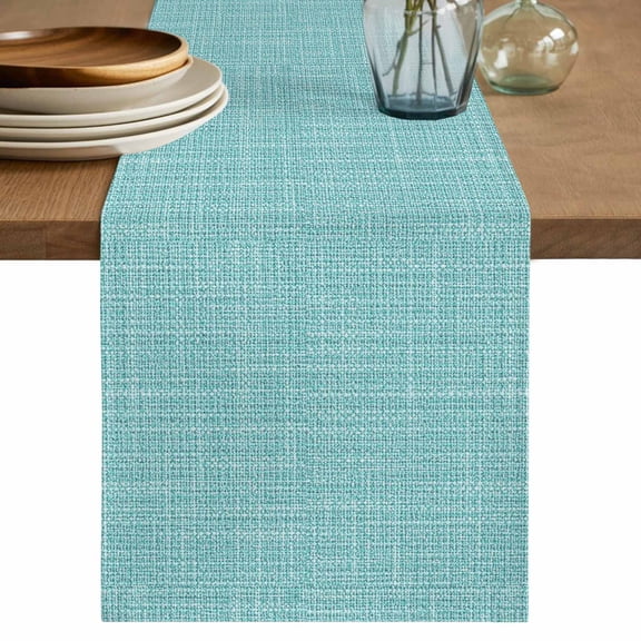 Aqua Table Runner 48 Inches Long - Rustic Farmhouse Solid Color Kitchen Dining Burlap Linen Tablerunner for Small/Round/Square/Wedding/Coffee/Dining Table Party Home Décor 13 x 48