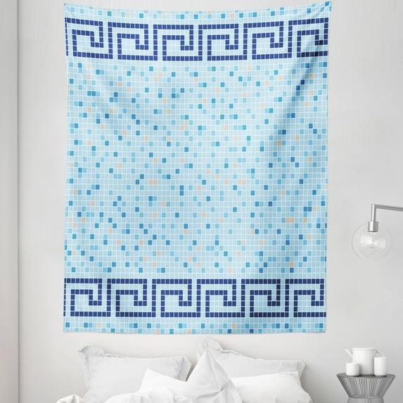 Aqua Tapestry, Antique Greek Border Mosaic Tile Squares Abstract Swimming Pool Design, Fabric Wall Hanging Decor for Bedroom Living Room Dorm, 5 Sizes, Pale Blue Navy Blue, by Ambesonne
