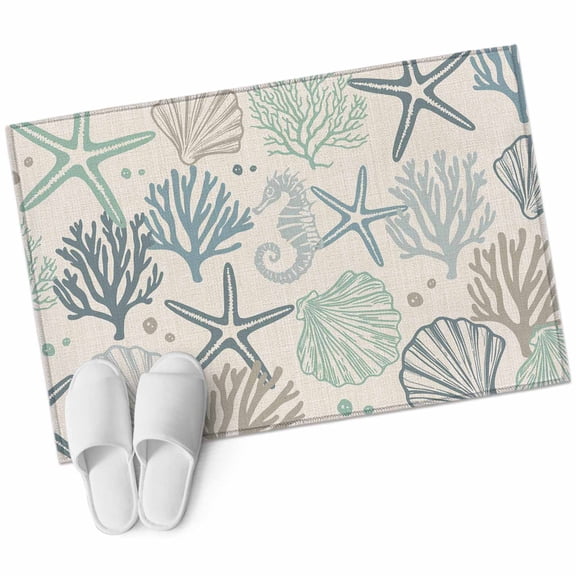 Aqua Teal Coastal 2'x3' Rug, Summer Beach Starfish Coral Nautical Rustic Non-Slip Soft Doormat Area Rugs for Entrance Bathroom Bedsides, Carpet for Kitchen Bedroom, Entryway Floor Mat