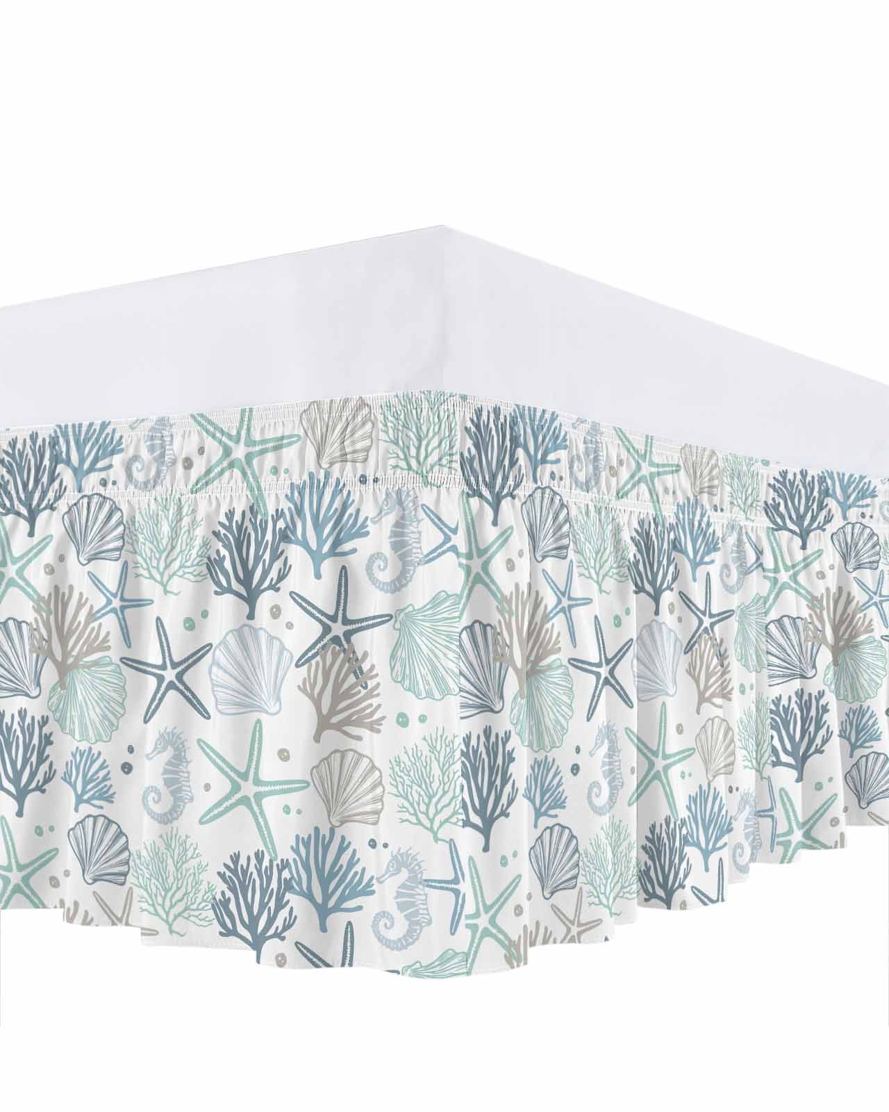 Aqua Teal Coastal Bed Skirt Cal King Size, Summer Beach Starfish Coral Nautical Wrap Around Bed Skirting with Adjustable Elastic Strap, Dust Ruffled Pleated Bedskirts 16 Inch Drop for Bedroom Beds