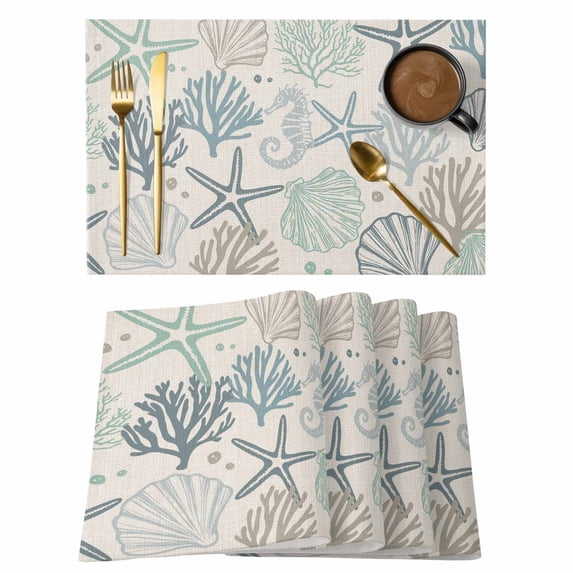 Aqua Teal Coastal Placemats Set of 6,Cotton Linen Fabric Place Mats,Summer Beach Starfish Coral Nautical Rustic Decorative Table Mats Protector for Home Kitchen Dining Wedding Party Coffee Tables