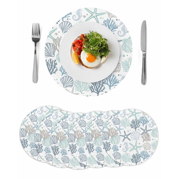 Aqua Teal Coastal Round 13 Inch Placemats Set of 6, Summer Beach Starfish Coral Nautical HeatResistant Non Slip Place Mats for Dining Table, Wipeable Braided Kitchen Table Mats for Housewarming