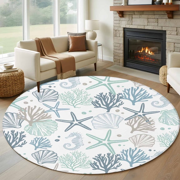 Aqua Teal Coastal Round Area Rug 5 FT, Non Slip Bedroom Area Rug, Summer Beach Starfish Coral Nautical Washable Soft Circular Carpet Non-Shedding Floor Mat for Kitchen Dining Room Foyer Balcony Dorm