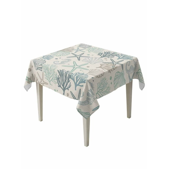 Aqua Teal Coastal Table Cloth, Summer Beach Starfish Coral Nautical Rustic Waterproof Tablecloth for Square Tables, Reusable Washable Fabric Table Cover for Restaurant Kitchen Dining Tables 54"x54"