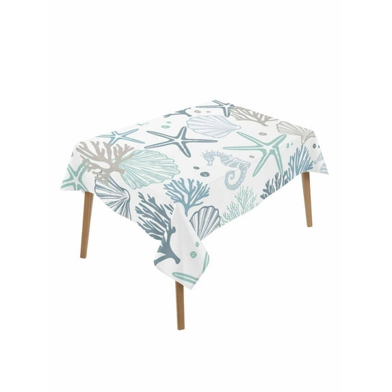 Aqua Teal Coastal Table Cloth, Summer Beach Starfish Coral Nautical Waterproof Tablecloth for Rectangle Tables, Reusable Washable Fabric Table Cover for Restaurant Kitchen Dining Tables 60"x84"