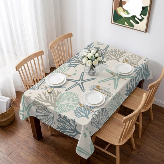 Aqua Teal Coastal Table Cloth Waterproof Tablecloths, Summer Beach Starfish Coral Nautical Rustic Tablecloth Dining Table Cover for Kitchen Party Tabletop Outdoor, Rectangle Tablecloth 52x70 Inch