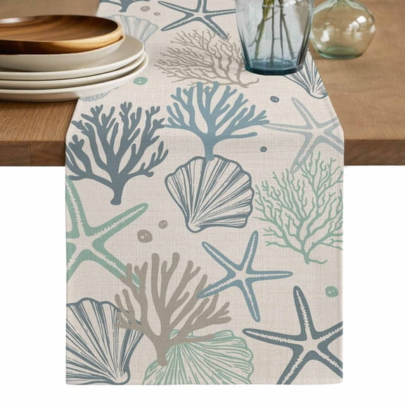 Aqua Teal Coastal Table Runner, Summer Beach Starfish Coral Nautical Rustic Washable Cotton Linen Table Runners 36 Inches Long, Dresser Scarf Runner for Nightstand/End Tables/Round Tables 13''x36''