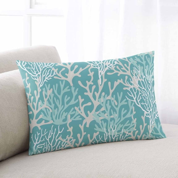Aqua Teal Coral Coastal Throw Pillow Cover Case, Couch Sofa Bed Pillowcase, Soft Decorative Lumbar Pillow Protector, Nautical Ocean Marine Organism 12x20Inch Reversible Pillow Shams with Zipper