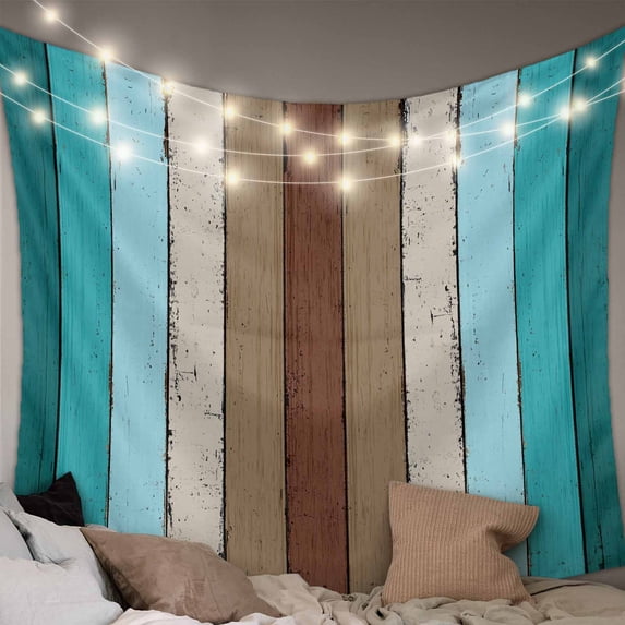 Aqua Teal Large Tapestry for Bedroom Wall Hanging Tapestry, Farmhouse Wood Grain Vintage Brown Striped Ceiling Backdrop Tapestries Poster Blanket Wall Decor for Teens Room Living Room Dorm 86" x 104"