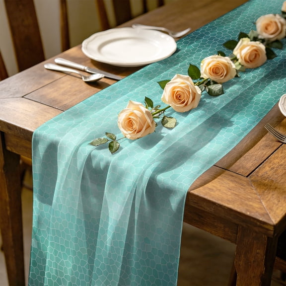 Aqua Teal Mosaic 10 ft Cheesecloth Table Runner for Wedding 27"x120", Minimalist Abstract Hexagonal Grid Soft Gradient Kitchen Dinner Sheer Tulle Chiffon Dresser Scarf, Holiday Party Decorations