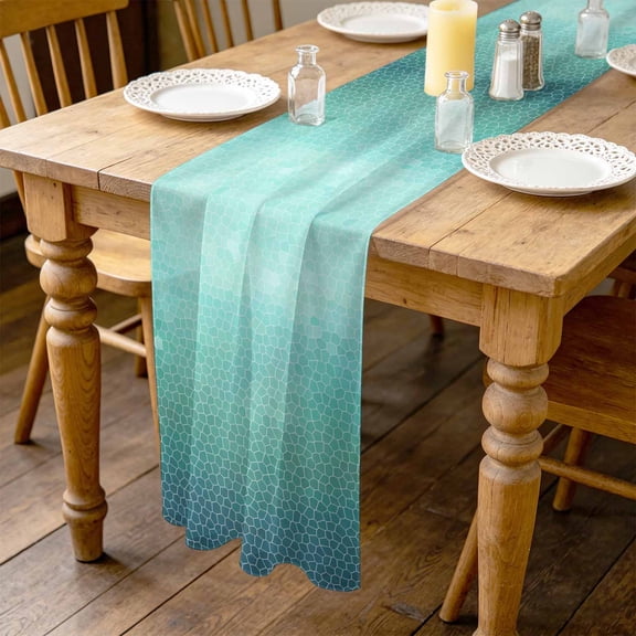 Aqua Teal Mosaic 4.5ft Cheesecloth Table Runner for Wedding 19"x55", Minimalist Abstract Hexagonal Grid Soft Gradient Kitchen Dinner Sheer Tulle Chiffon Dresser Scarf, Holiday Party Decorations