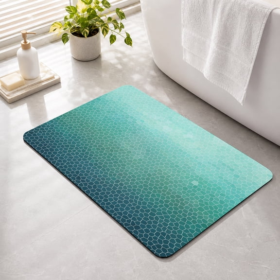Aqua Teal Mosaic Non Slip Bathroom Mat, Minimalist Abstract Hexagonal Grid Soft Gradient Absorbent Bath Mat Rubber Backed Quick Dry Doormat Fit Under Door for Bathtub Shower Sink Kitchen 16"x24"