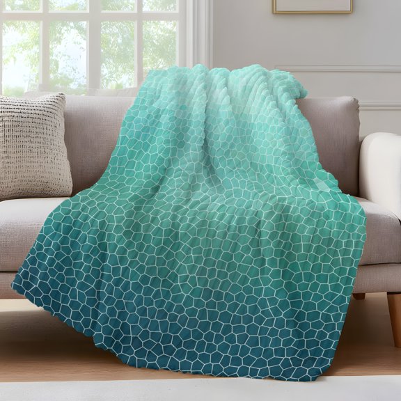 Aqua Teal Mosaic Throw Blanket for Couch Minimalist Abstract Hexagonal Grid Soft Gradient Soft and Warm Flannel 3D Striped Fluffy Fuzzy Fleece Blanket Lightweight Throw for Bed, Sofa 50 x 60 Inches