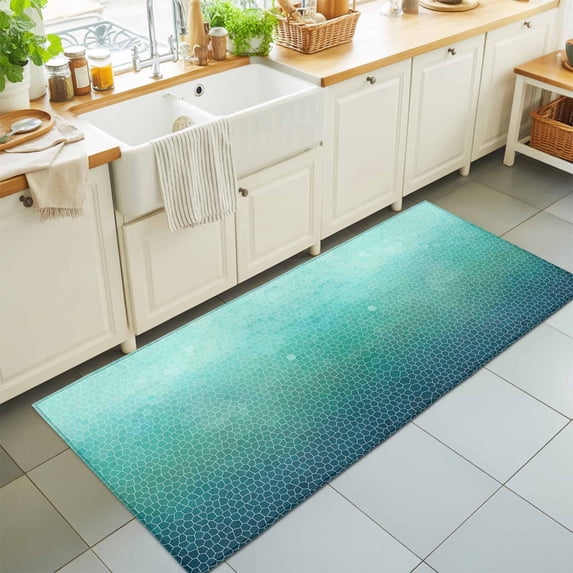 Aqua Teal Mosaic Washable Runner Rugs 2'x6', Minimalist Abstract Hexagonal Grid Soft Gradient Washable Runner Rug Non-Slip Sturdy Edge Binding Carpet for Bedside Hallway Runner Kitchen Galley