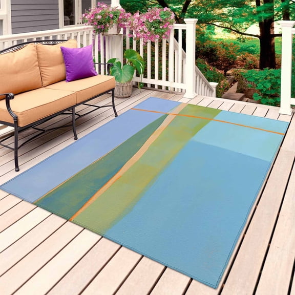 Aqua Teal Orange Outdoor Rug for Patio/Deck/Porch, Non-Slip Large Area Rug 5 x 7 Ft, Modern Oil Painting Abstract Indoor Outdoor Rugs Washable Area Rugs, Reversible Camping Rug Carpet Runner