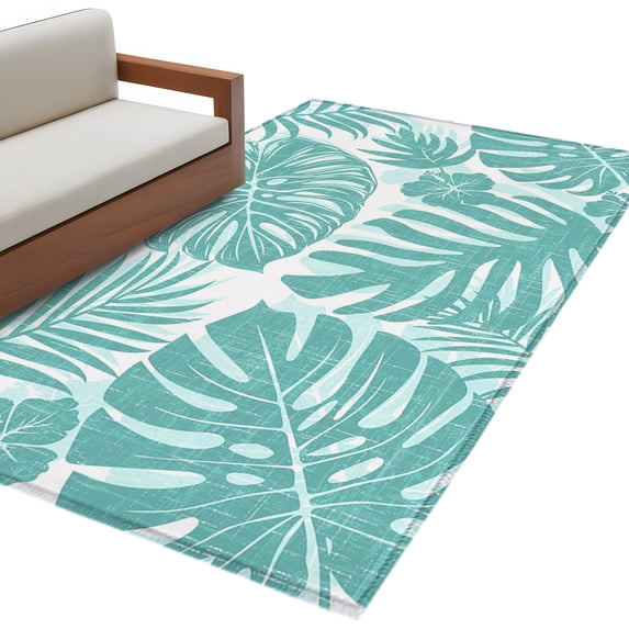 Aqua Teal Palm Leaves Washable Area Rugs 4'x6', Tropical Botanical ...