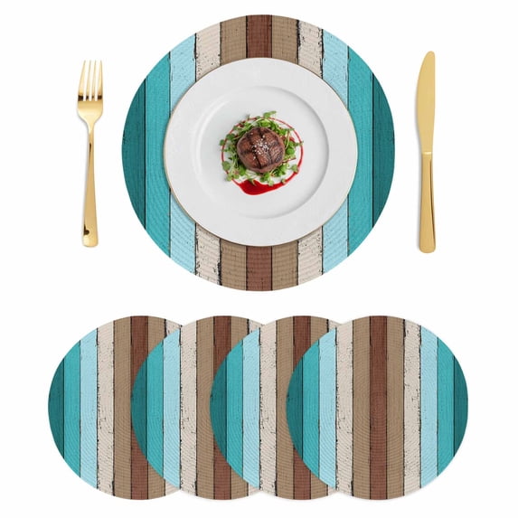 Aqua Teal Round 15 Inch Placemats Set of 4, Farmhouse Wood Grain Vintage Brown Striped HeatResistant Non Slip Place Mats for Dining Table, Wipeable Braided Kitchen Table Mats for Housewarming