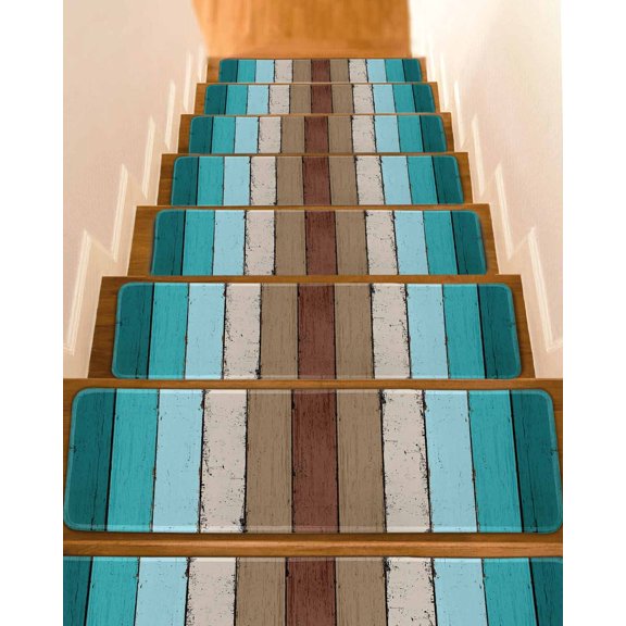 Aqua Teal Stair Treads for Wooden Steps Indoor Runner Rug Carpet, Farmhouse Wood Grain Vintage Brown Striped 4 Pieces Peel and Stick Staircase Step Treads Covers Washable Throw Door Mats, 30"x8"