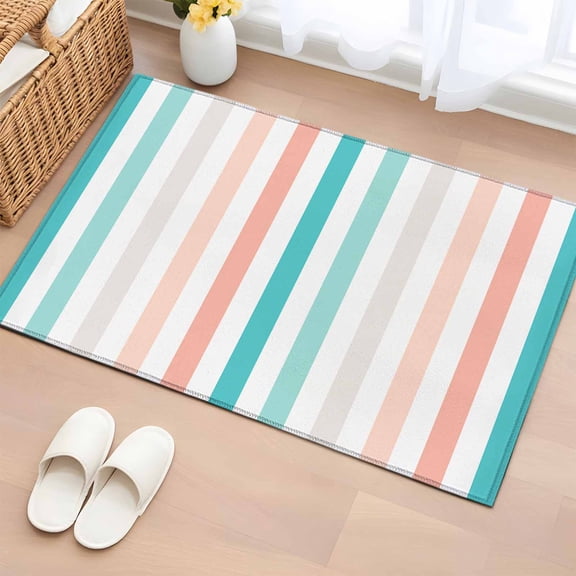 Aqua Teal Stripe Bathroom Mats 2x3 FT,Non Slip Small Kitchen Mat,Geometric Grey White Vertical Striped Washable Soft Backed Front Door Throw Rugs Non-Shedding Indoor Outdoor Doormat for Entryway Sink