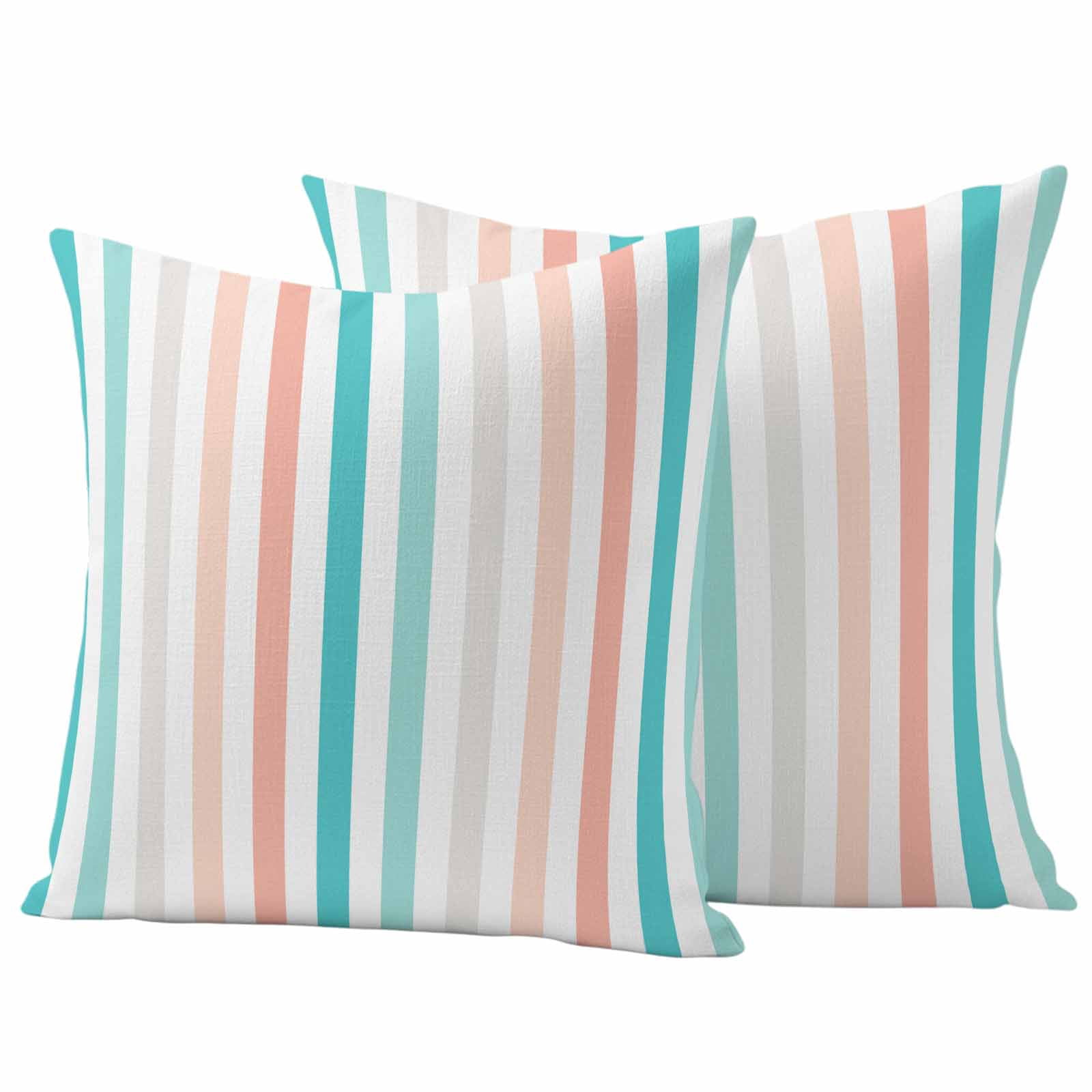 Aqua Teal Stripe Outdoor Waterproof Pillow Covers, Geometric Grey White Vertical Striped Decorative Square Throw Pillowcase Sofa Cushion Sham for Patio/Couch/Chair, 18"x18" 2 Pack