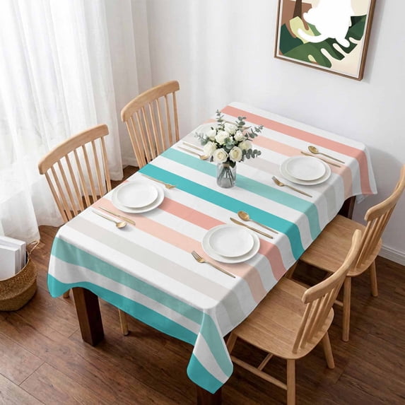 Aqua Teal Stripe Table Cloth Waterproof Tablecloths, Geometric Grey White Vertical Striped Tablecloth Dining Table Cover for Kitchen Party Tabletop Outdoor, Rectangle Tablecloth 60x102 Inch