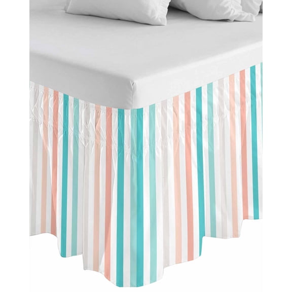 Aqua Teal Stripe Wrap Around Bed Skirts for California King Bed 18" Drop,Bed Skirt with Adjustable Elastic Belt Dust Ruffle Bed Valance Geometric Grey White Vertical Striped Bed Frame Cover