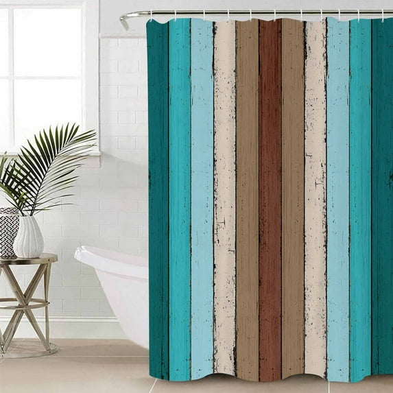Aqua Teal Waterproof Fabric Shower Curtain, Farmhouse Wood Grain Vintage Brown Striped Shower Curtain for Bathroom Curtains Bathtubs Hotel Washable Shower Curtains with 12 Hooks Stall 48x72in