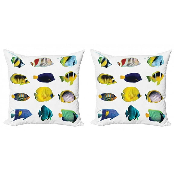Ambesonne Fish Throw Pillow Cover 2 Pack, Collage of Sea Animals, 16", Multicolor